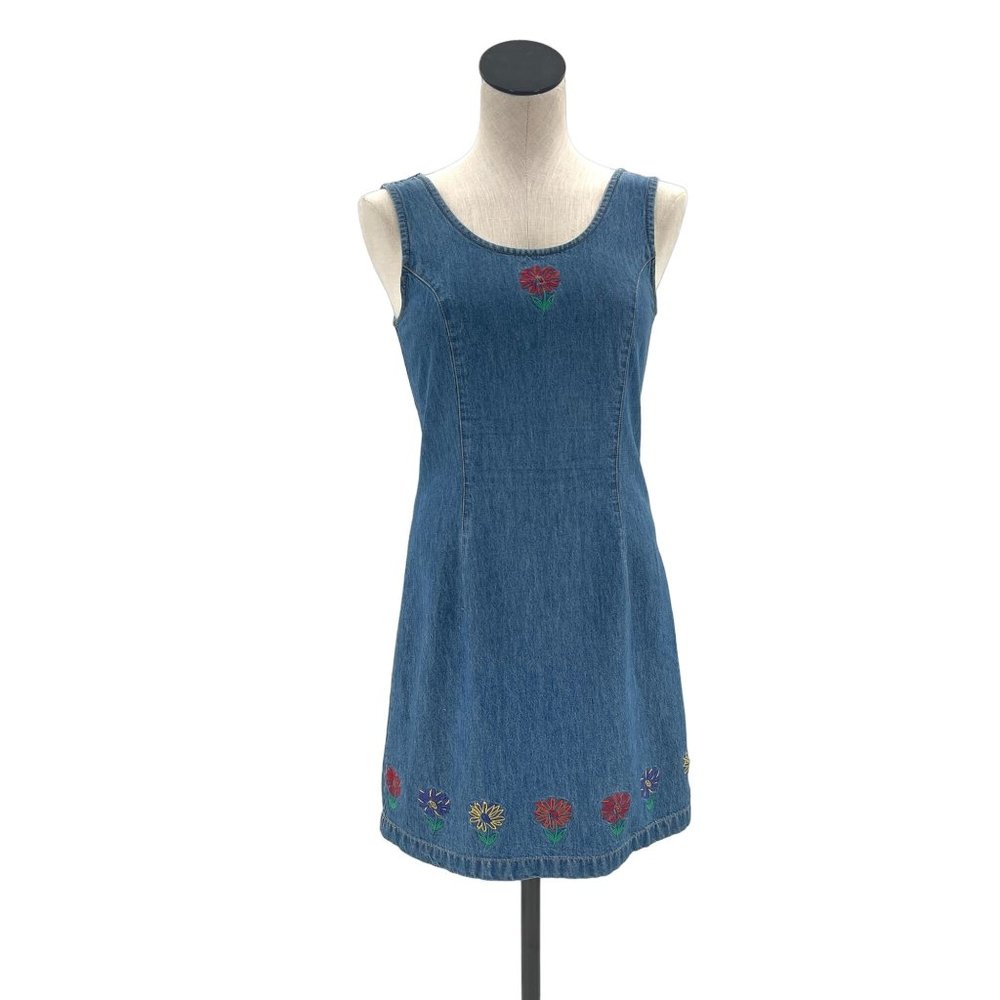 90s Denim Floral Embroidered Mini-Dress Small - Picture 1 of 9